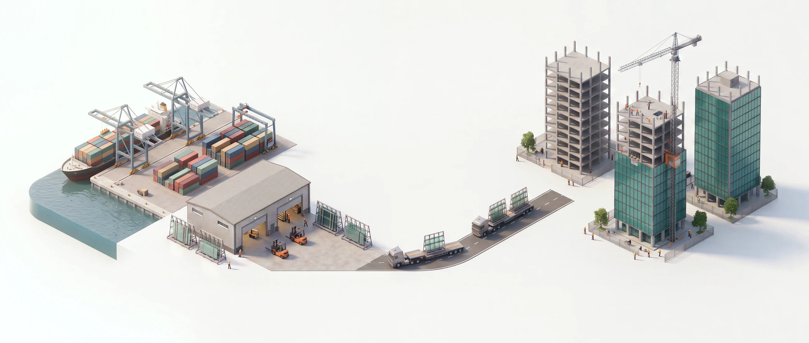 An isometric view of the facade supply chain: a container port, a warehouse holding stillages of glass, trucks on the road, and three towers at different stages of glazing.